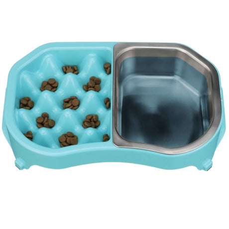 Top view of the Neater Slow Feeder Double Diner with stainless steel water bowl insert with kibble and water inside the feeder against a white background.