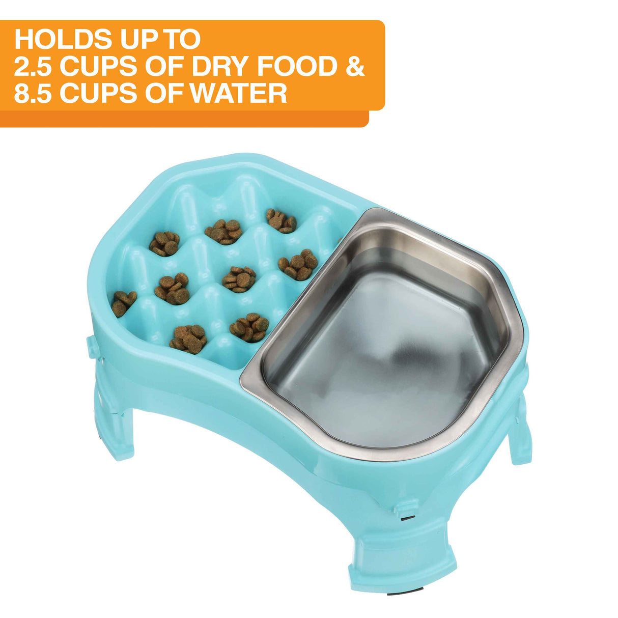 Raised Neater Slow Feeder Double Diner with stainless steel insert with food and water inside the feeder against a white background. Text on the screen explains the food and water capacity.