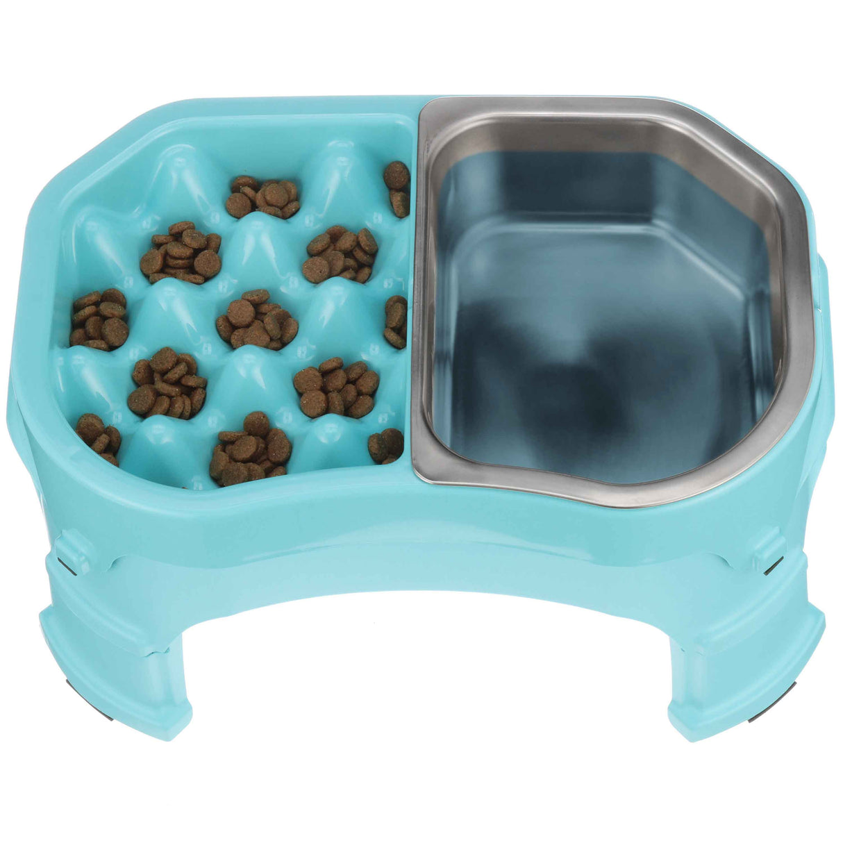 The Double Diner with the stainless steel insert with kibble and water inside the feeder against a white background.