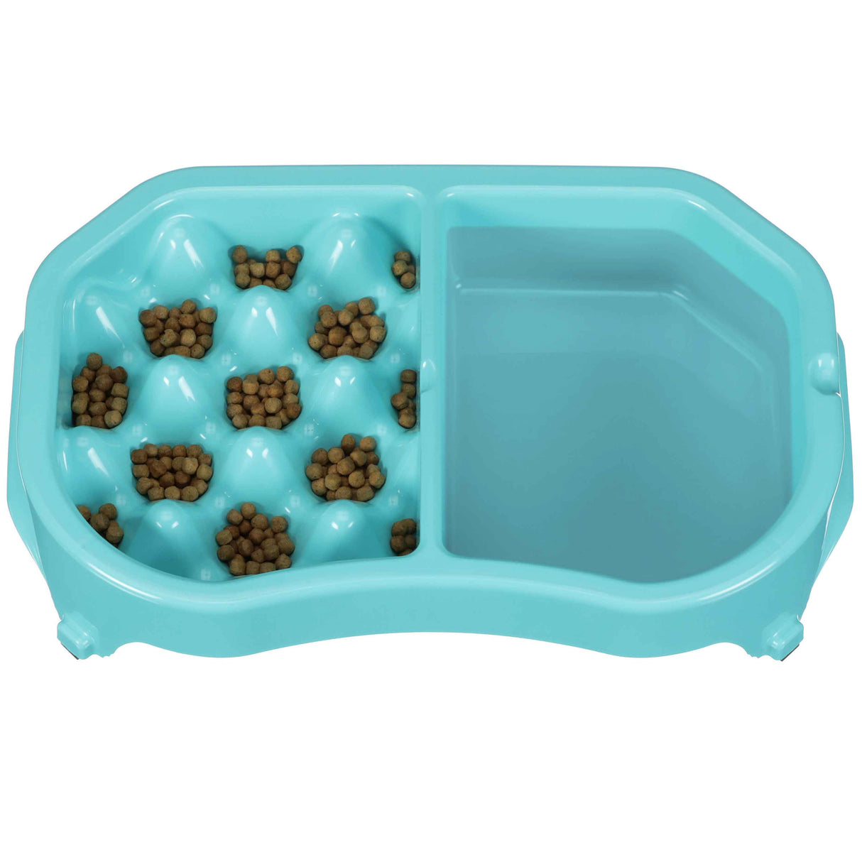 Top view of the Neater Slow Feeder Double Diner with kibble and water inside the feeder against a white background.