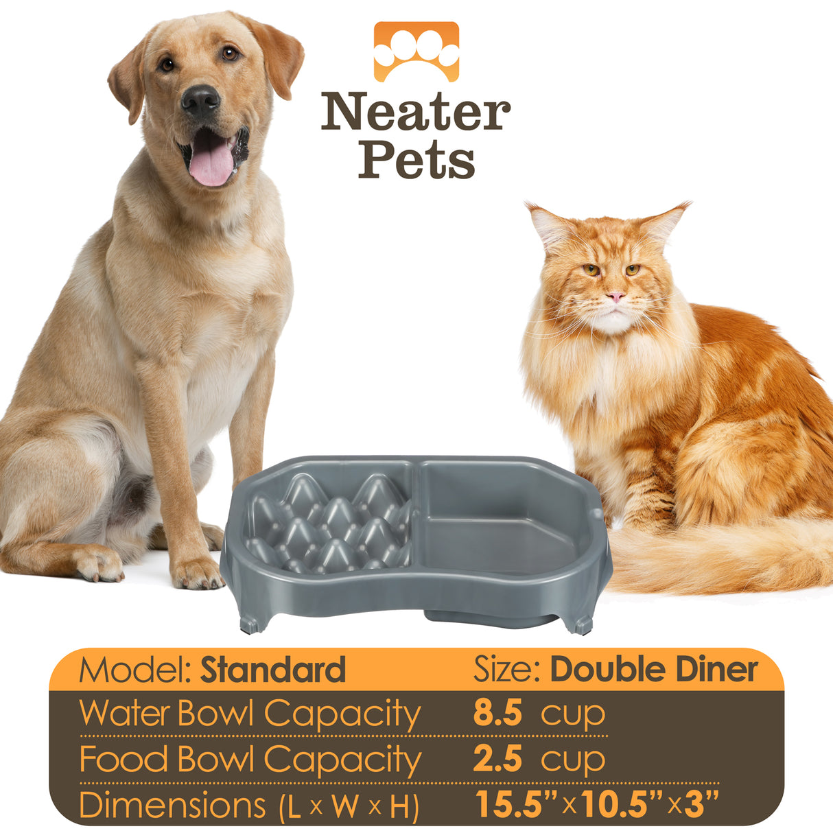 Chart displaying the water and food capacity and the dimensions with a large dog and a cat next to it.