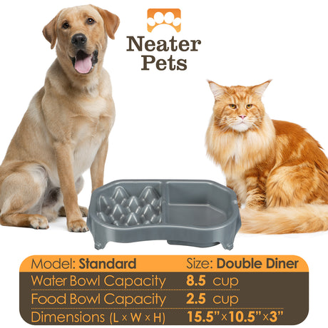 Chart displaying the water and food capacity and the dimensions with a large dog and a cat next to it.