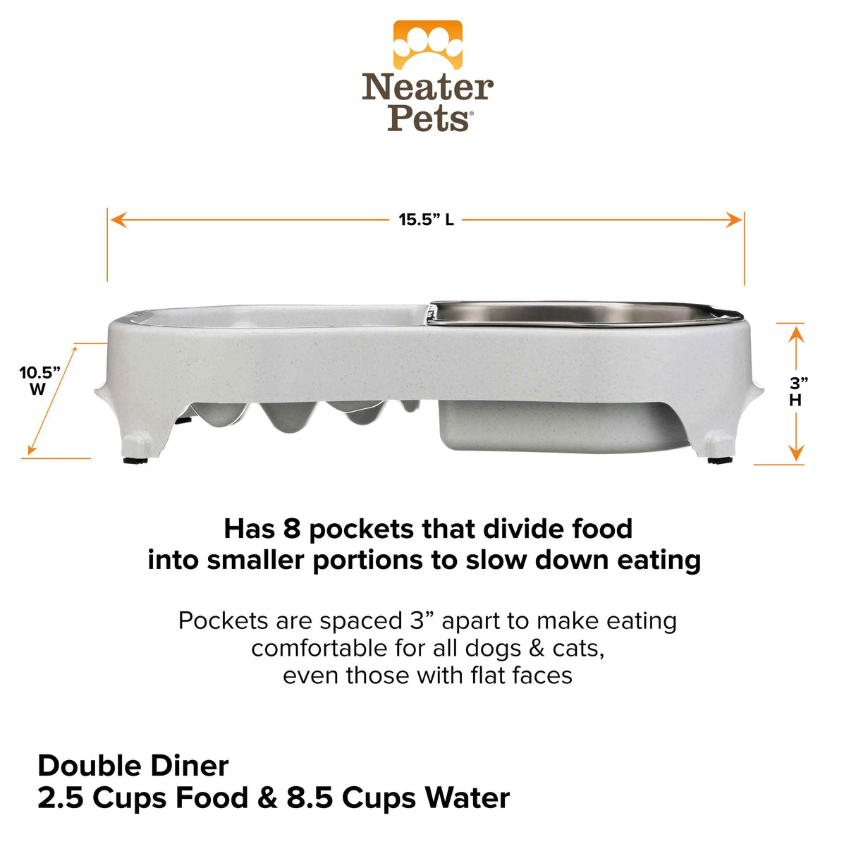 Neater Slow Feeder Double Diner with stainless steel insert against a white background.