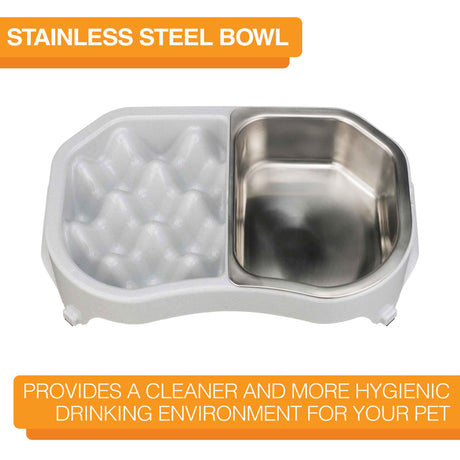 Neater Slow Feed Double Diner with stainless steel bowl with text that says "Provides a cleaner and more hygienic drinking environment for your pet."