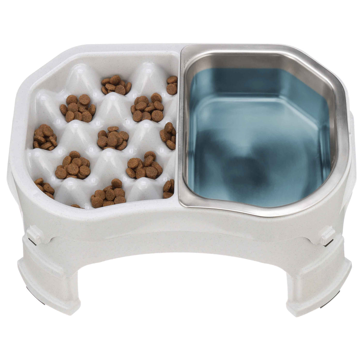 Raised Neater Slow Feeder Double Diner with stainless steel insert with kibble and water inside the feeder against a white background.