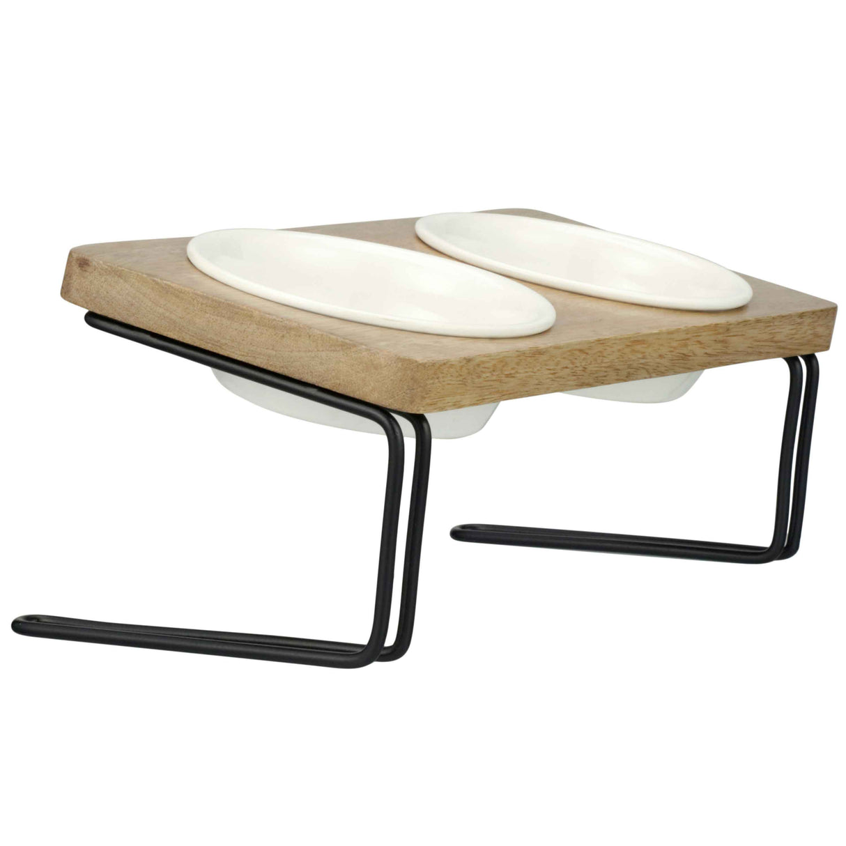 Elevated and angled feeder with ceramic bowls side view on a white background.