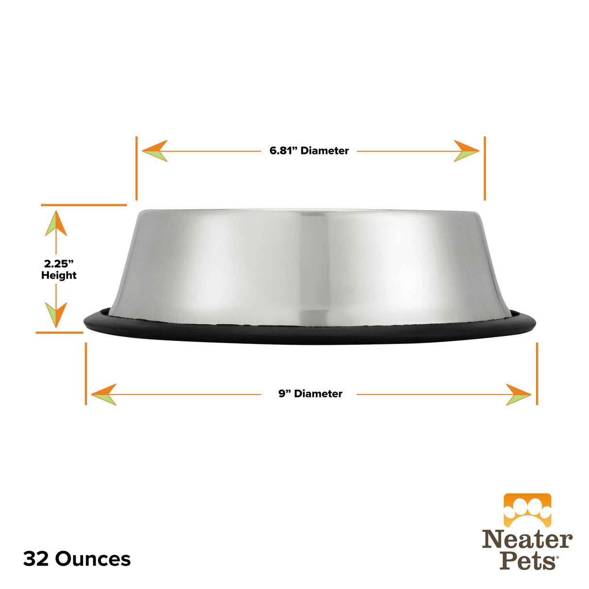 Side view of the 32 ounce non-tip stainless steel bowl with it's dimensions.