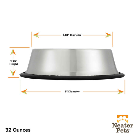 Side view of the 32 ounce non-tip stainless steel bowl with it's dimensions.