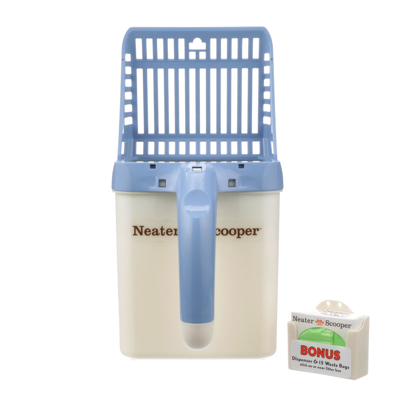 Neater Scooper with 15 bags in blue on a white background.