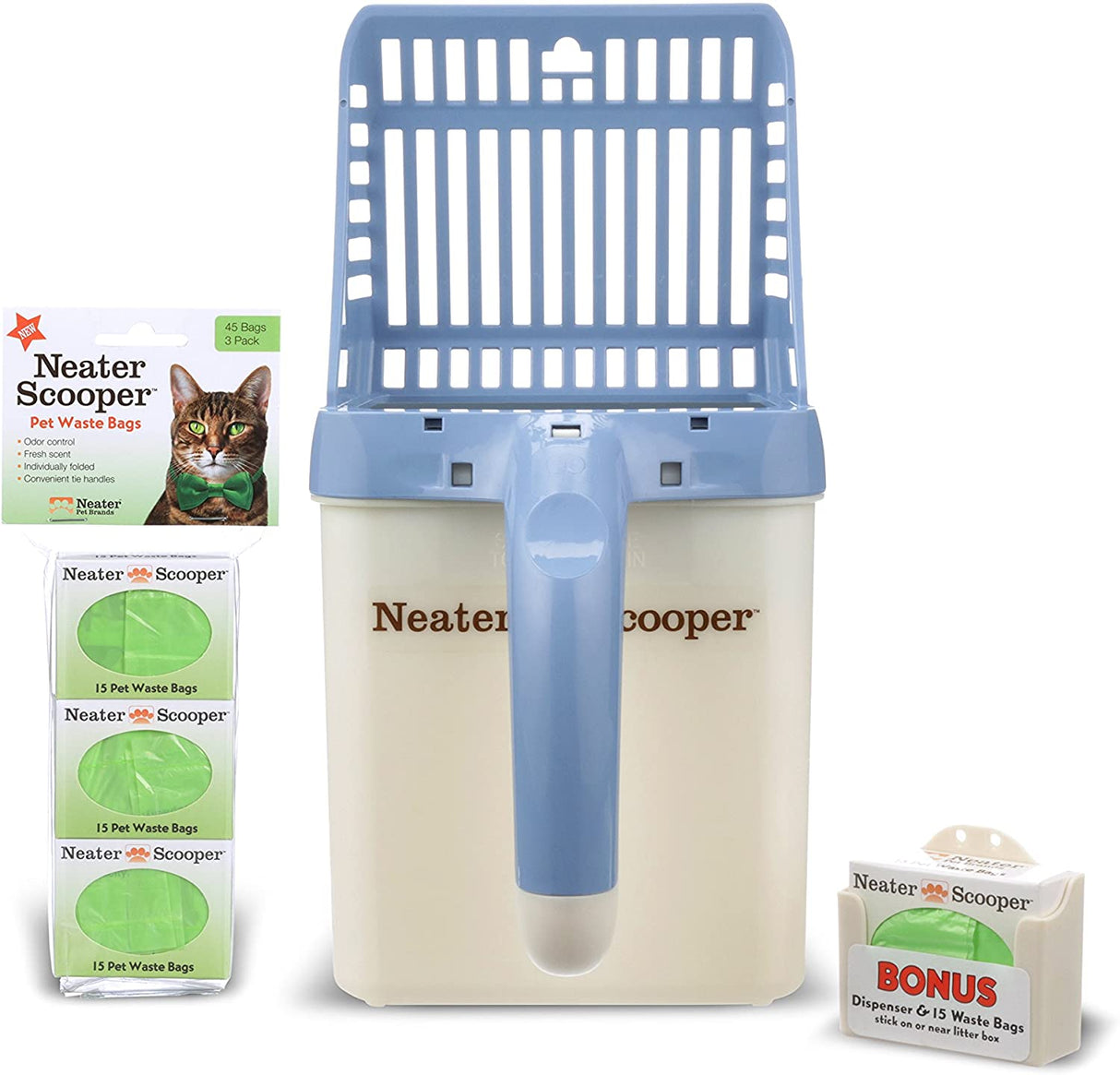 Neater Scooper with 60 bags in blue on a white background.