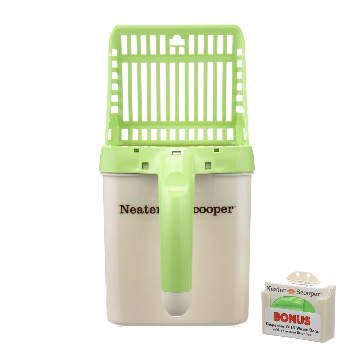 Neater Scooper with 15 bags in green on a white background.