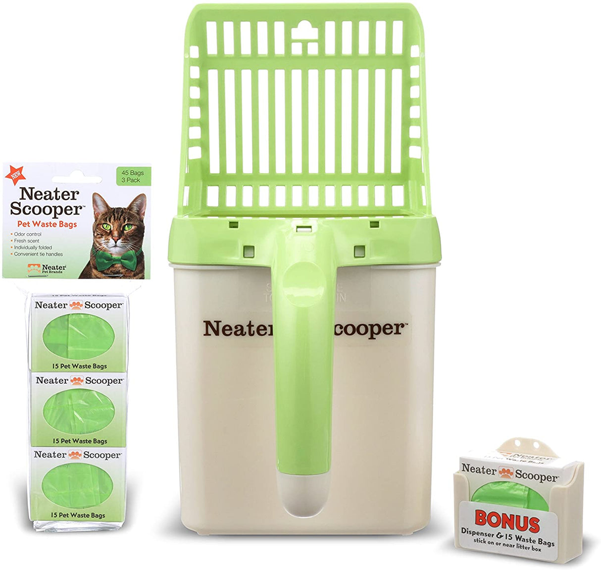 Neater Scooper with 60 bags in green on a white background.