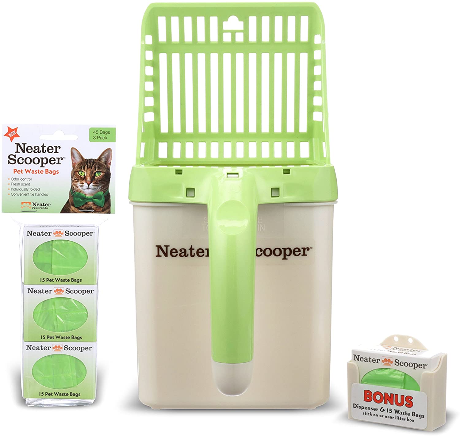 Neater Scooper with 60 bags in green on a white background.