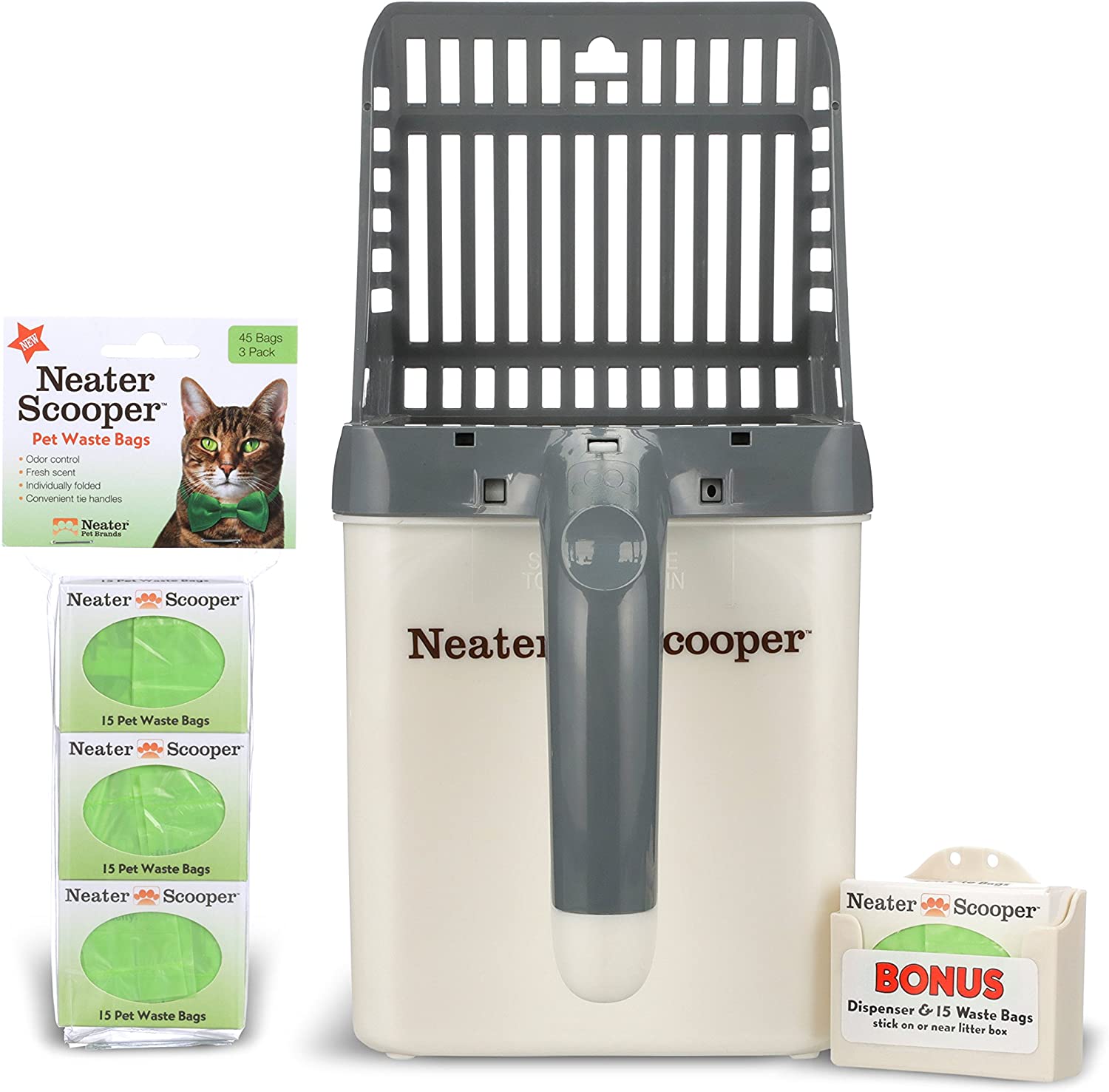 Neater Scooper with 60 bags in grey on a white background.