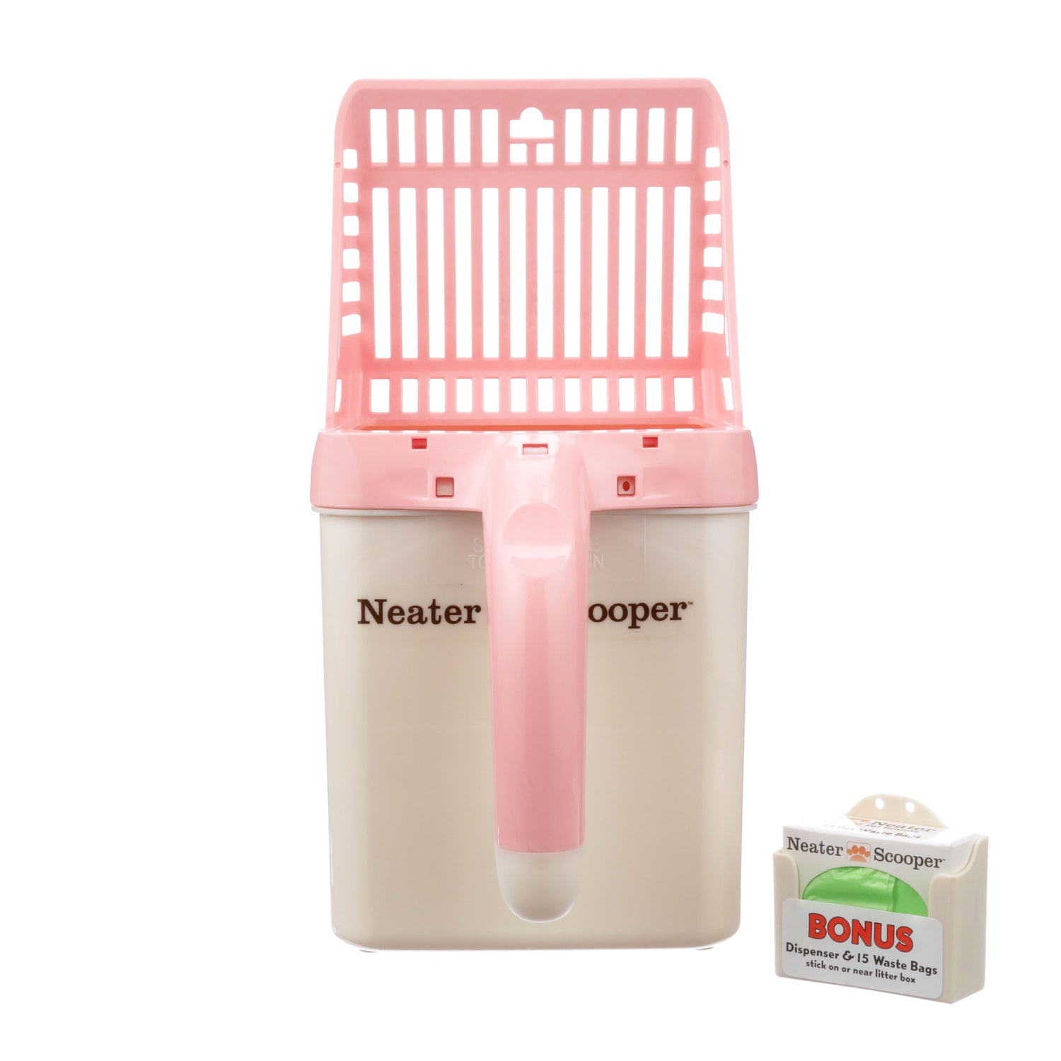 Neater Scooper with 15 bags in pink on a white background.