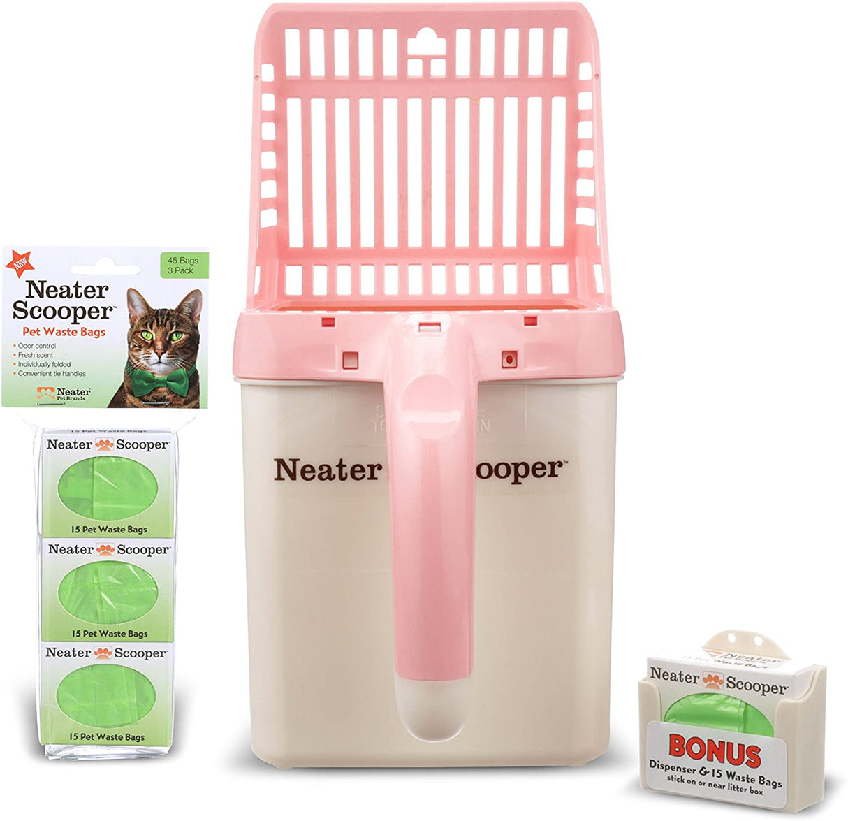 Neater Scooper with 60 bags in pink on a white background.