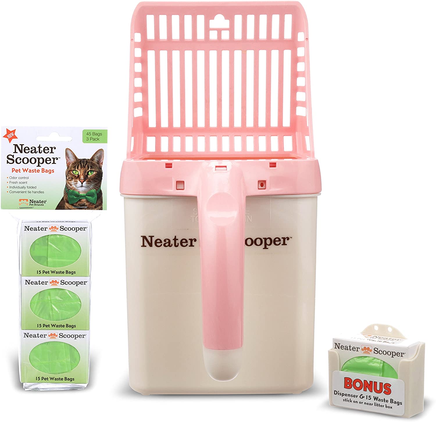 Neater Scooper with 60 bags in pink on a white background.