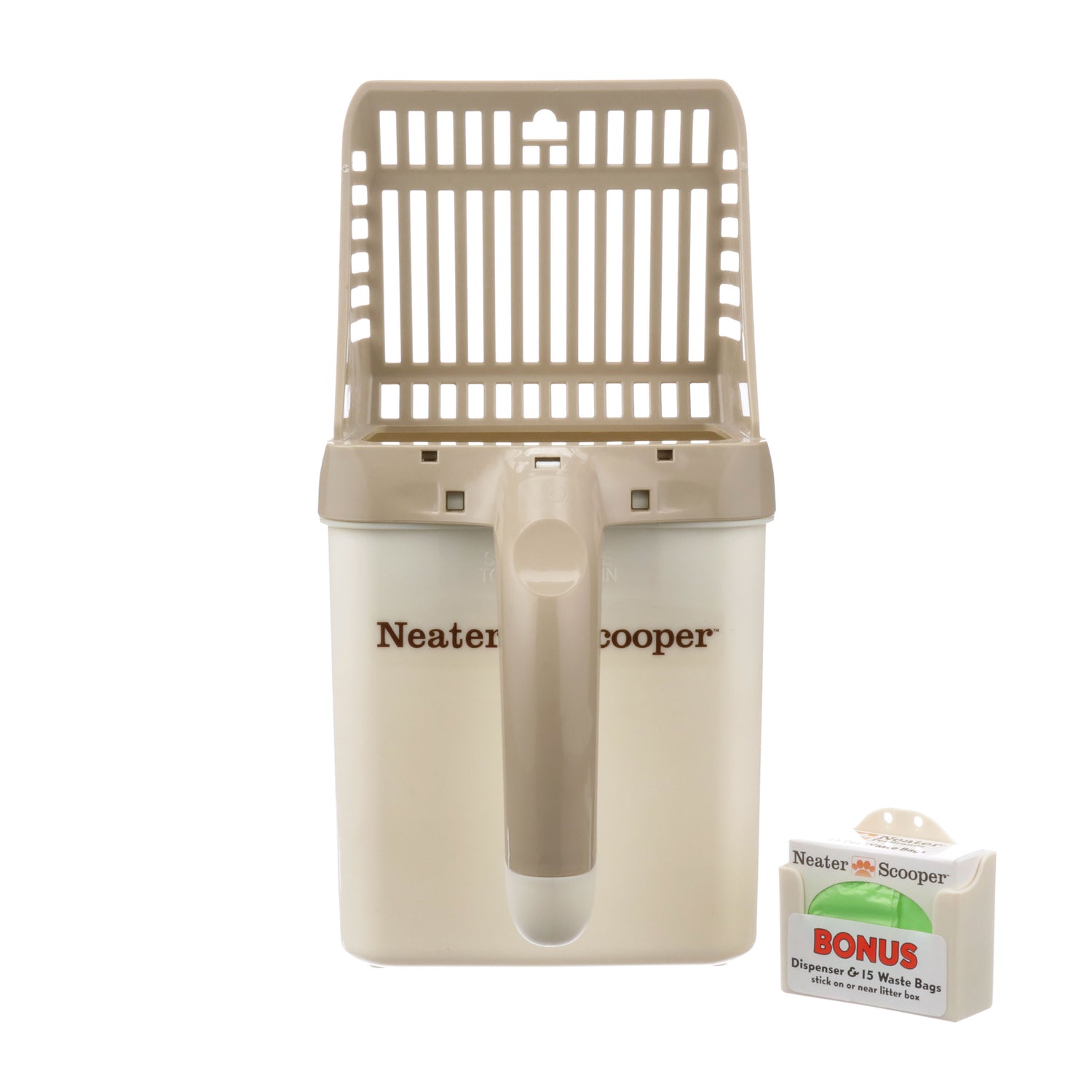 Neater Scooper with 15 bags in tan on a white background.