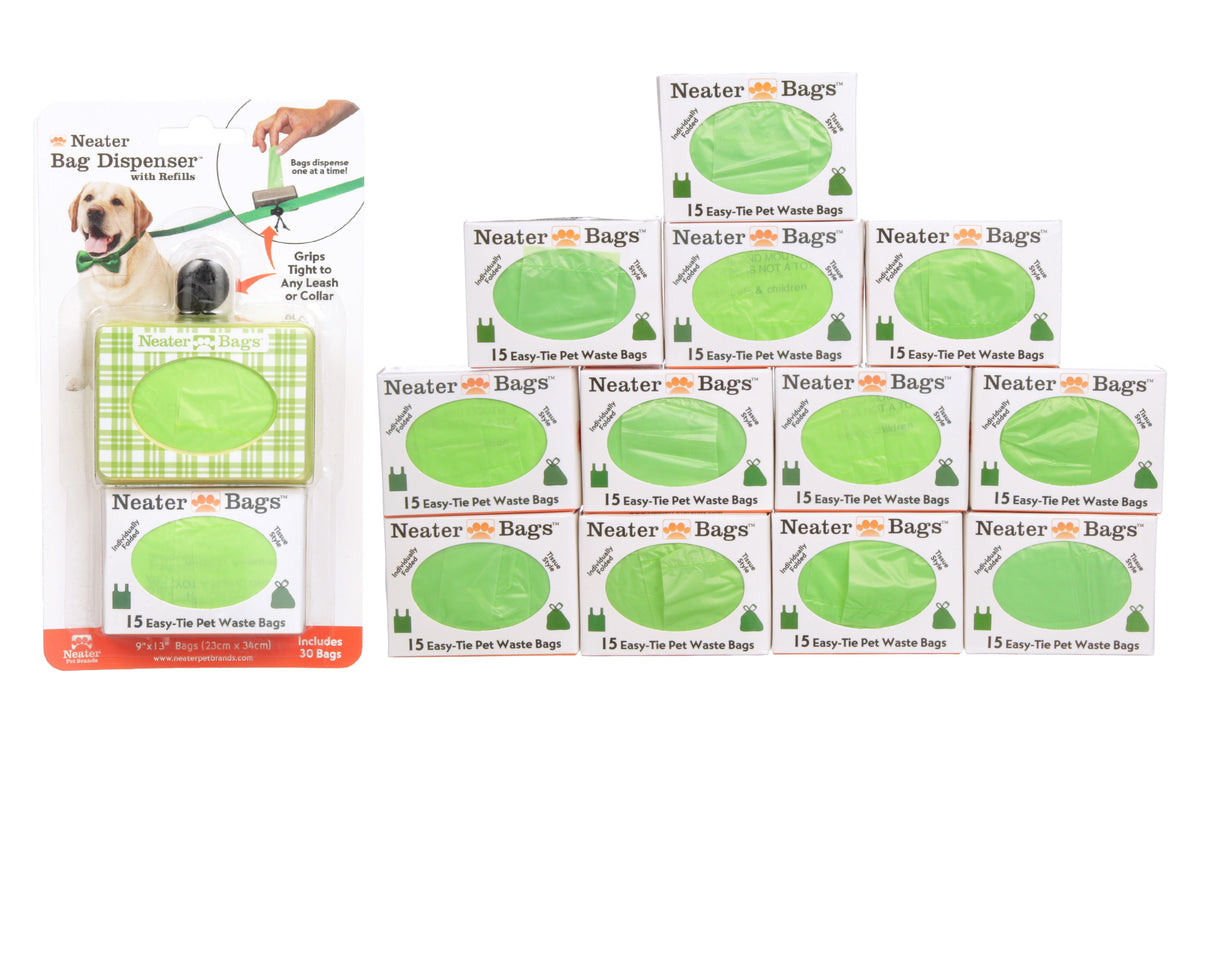 Neater Bag Dispenser green plaid pattern with 210 Bags on a white background.