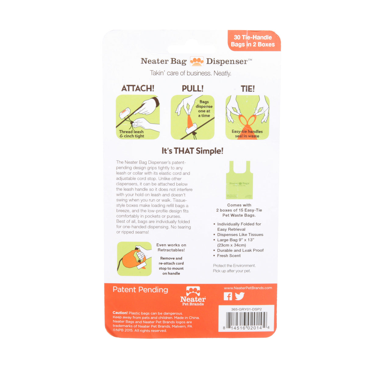 Back of the Neater Bag Dispenser packaging on a white background.