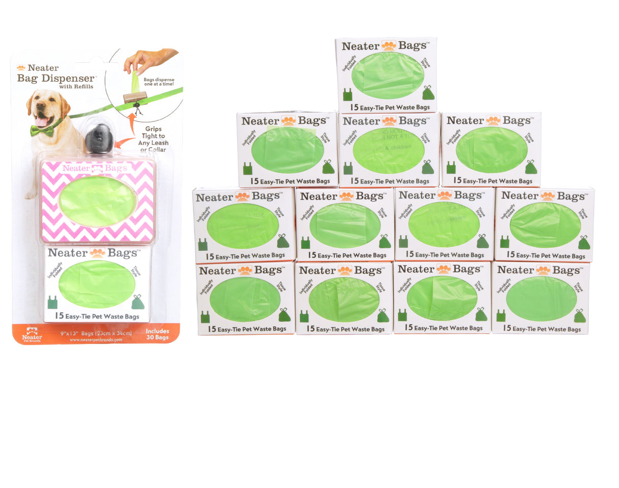 Neater Bag Dispenser pink chevron pattern with 210 Bags on a white background.