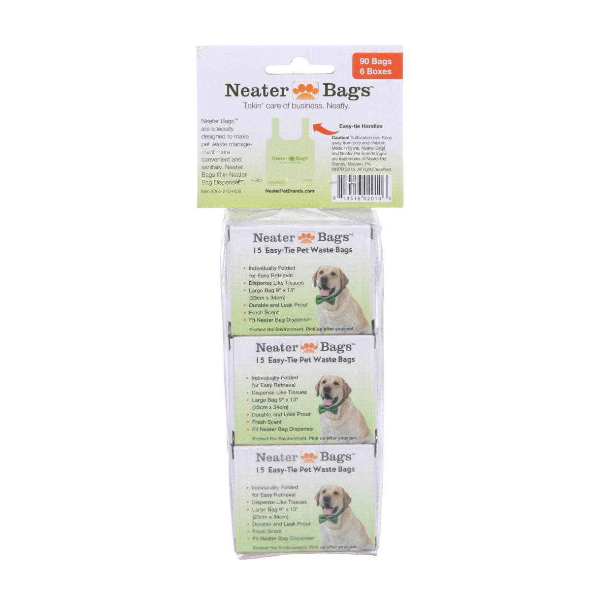 3 pack of Neater Pets dog waste bags back view on a white background.