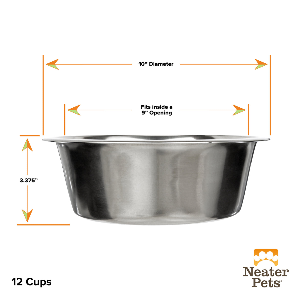 Dimensions of the 12 cup stainless steel bowl from the side against a white background.