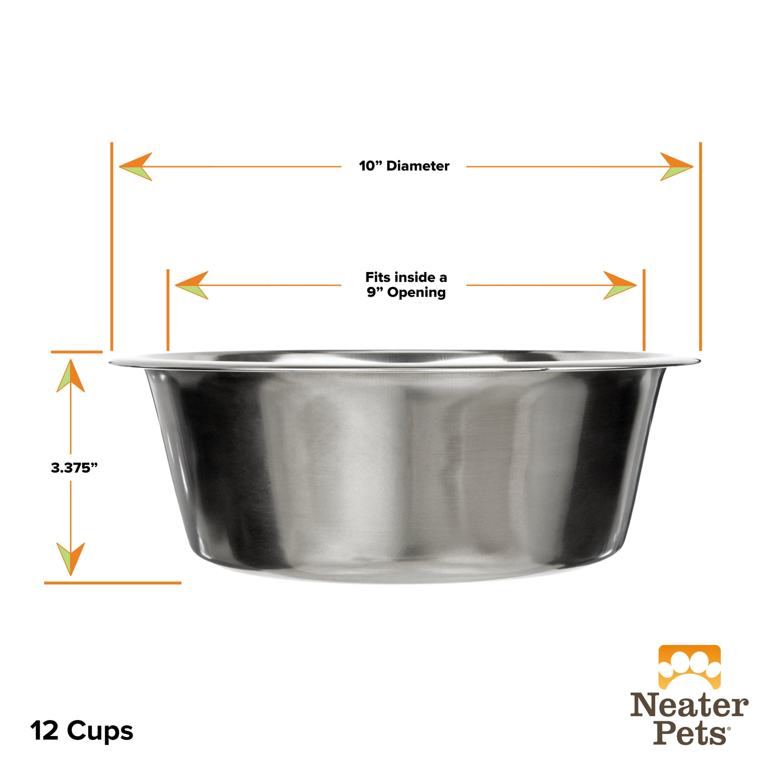 Dimensions of the 12 cup stainless steel bowl from the side against a white background.