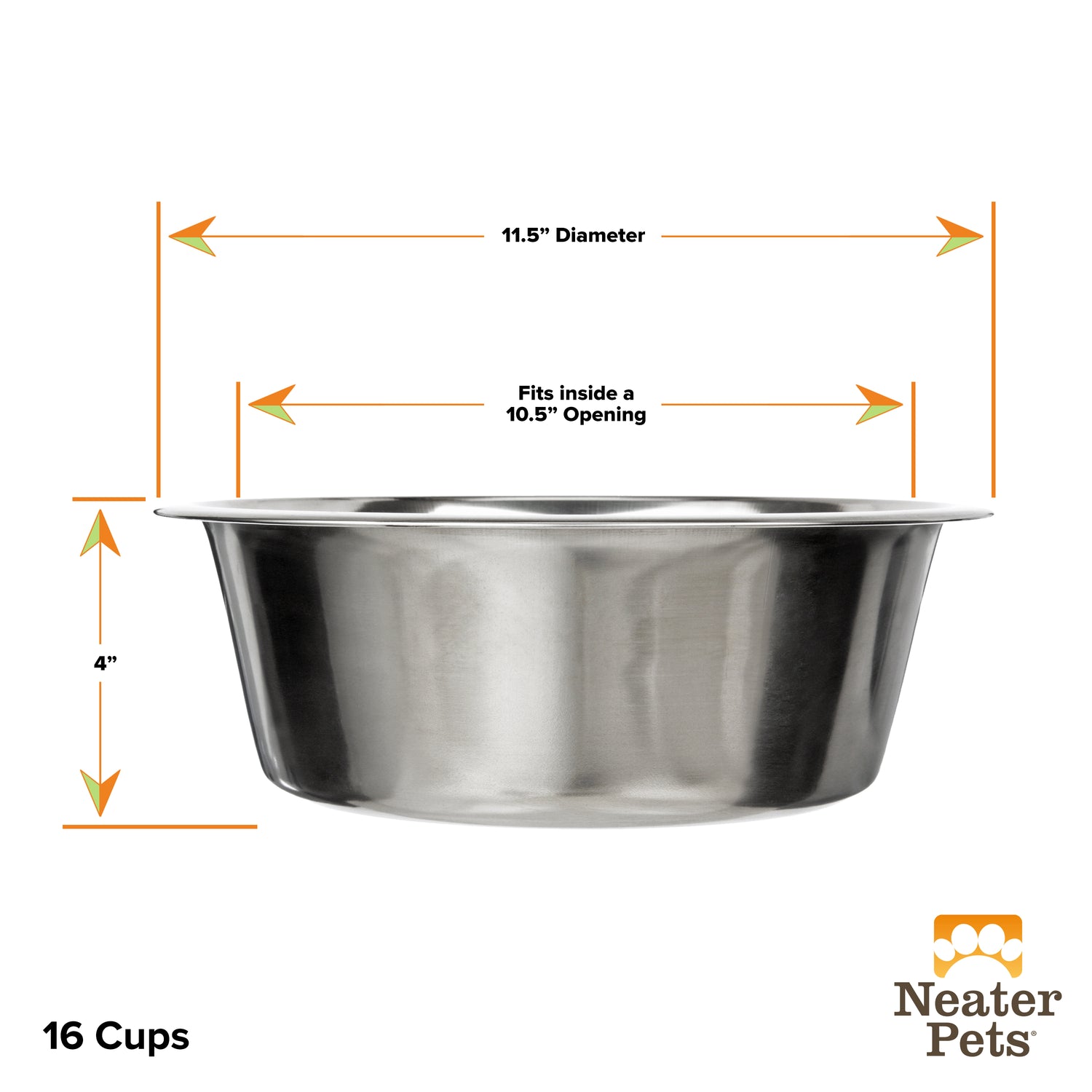 Dimensions of the 16 cup stainless steel bowl from the side against a white background.