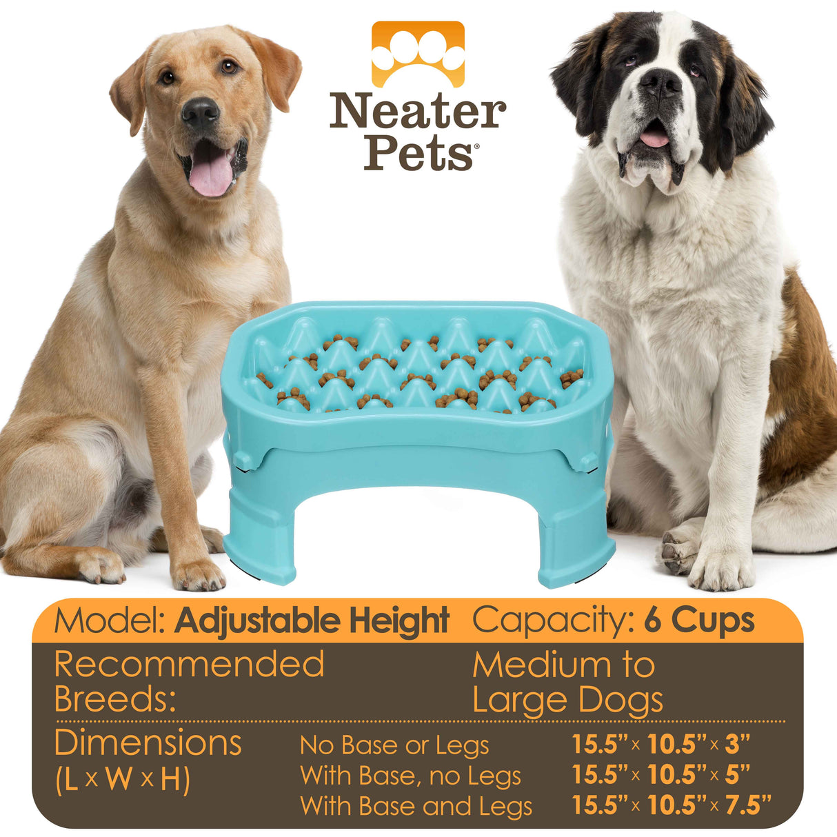 Chart displaying the water and food capacity for the Raised 6 cup Neater Slow Feeder and the dimensions with two large dogs next to it.