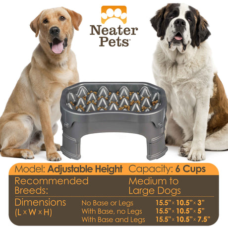 Chart displaying the water and food capacity for the Raised 6 cup Neater Slow Feeder and the dimensions with two large dogs next to it.