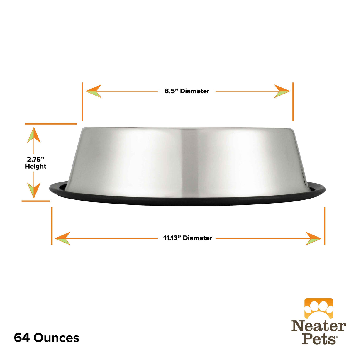 Side view of the 64 ounce non-tip stainless steel bowl with it's dimensions.