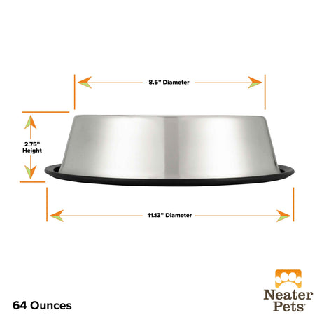 Side view of the 64 ounce non-tip stainless steel bowl with it's dimensions.