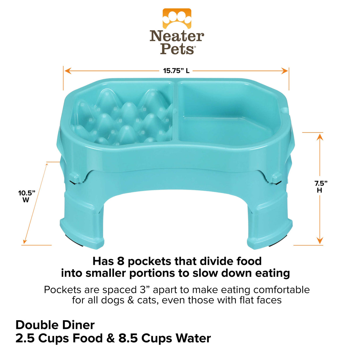 Raised Neater Slow Feeder Double Diner dimensions against a white background.