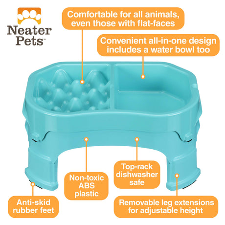 A picture of the Neater Slow Feeder Double Diner with arrows pointing to the benefits, which include: comfortable to eat from, non-toxic, anti-skid rubber feet, top-rack dishwasher safe, removable leg extensions, and an all-in-one water bowl.
