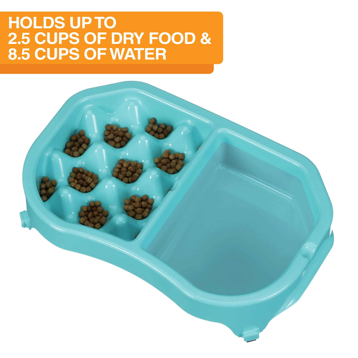 Neater Slow Feeder Double Diner with food and water inside the feeder against a white background. Text on the screen explains the food and water capacity.