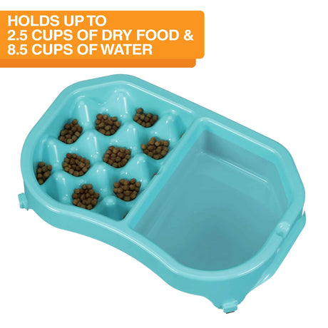 Neater Slow Feeder Double Diner with food and water inside the feeder against a white background. Text on the screen explains the food and water capacity.