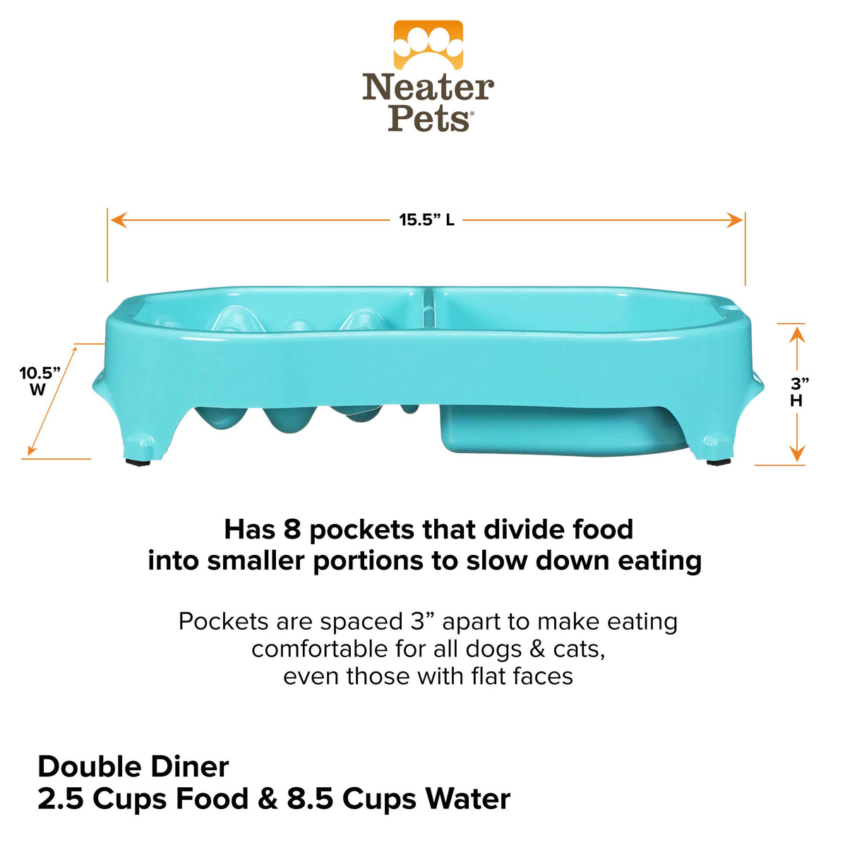 Neater Slow Feeder Double Diner dimensions against a white background.