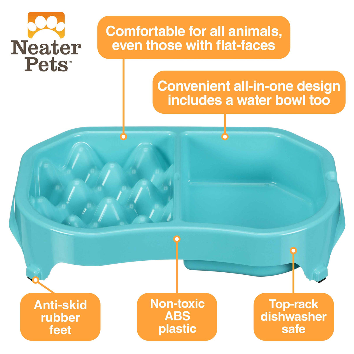A picture of the Neater Slow Feeder Double Diner with arrows pointing to the benefits, which include: comfortable to eat from, non-toxic, anti-skid rubber feet, top-rack dishwasher safe, and an all-in-one water bowl.
