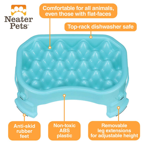 A picture of the raised Neater Slow Feeder with arrows pointing to the benefits, which include: comfortable to eat from, non-toxic, anti-skid rubber feet, top-rack dishwasher safe, and removable leg extensions.