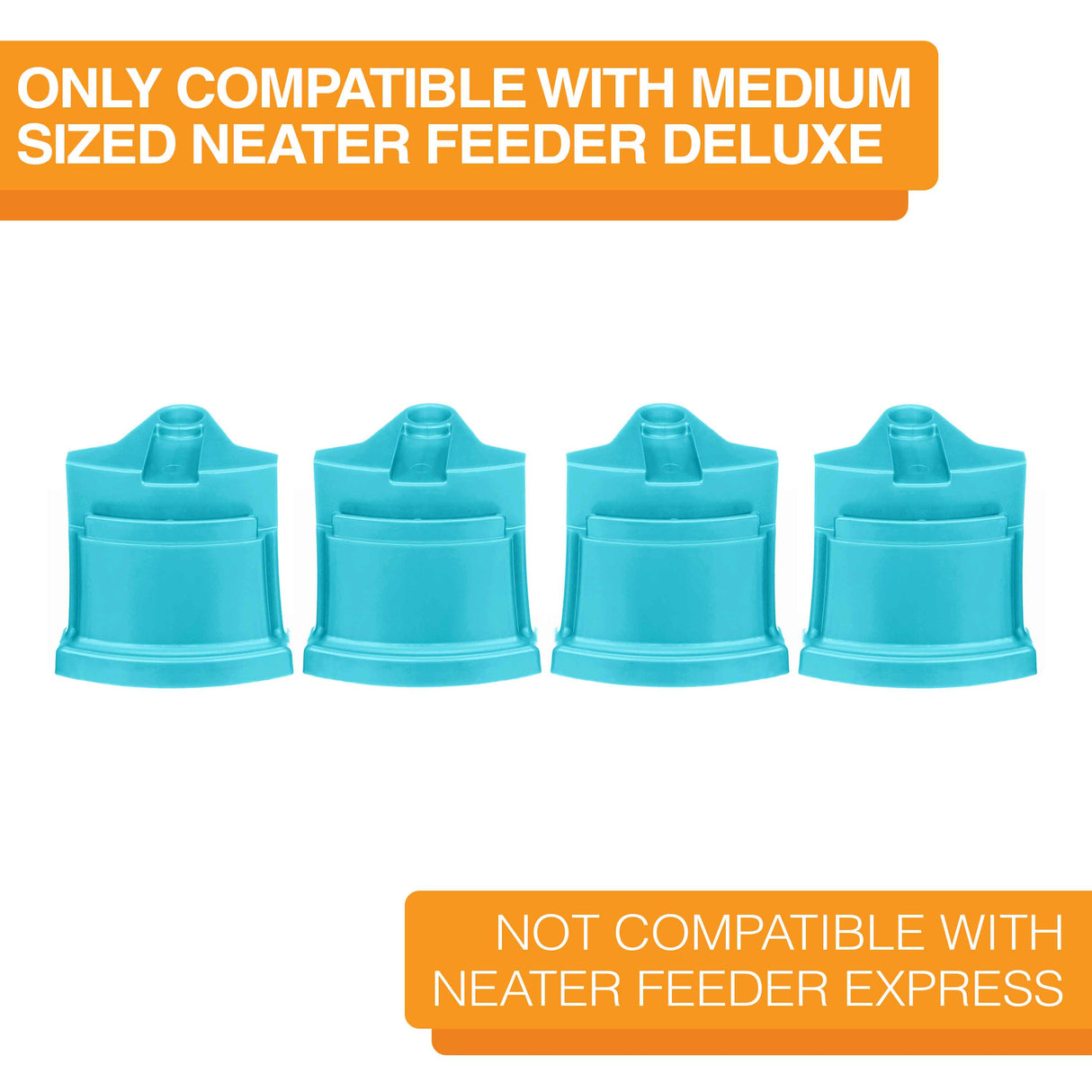 Medium Neater Feeder Deluxe Aquamarine Leg Extensions lined up on a white background. Text on screen reads: Only compatible with medium sized Neater Feeder Deluxe. Not compatible with Neater Feeder Express.