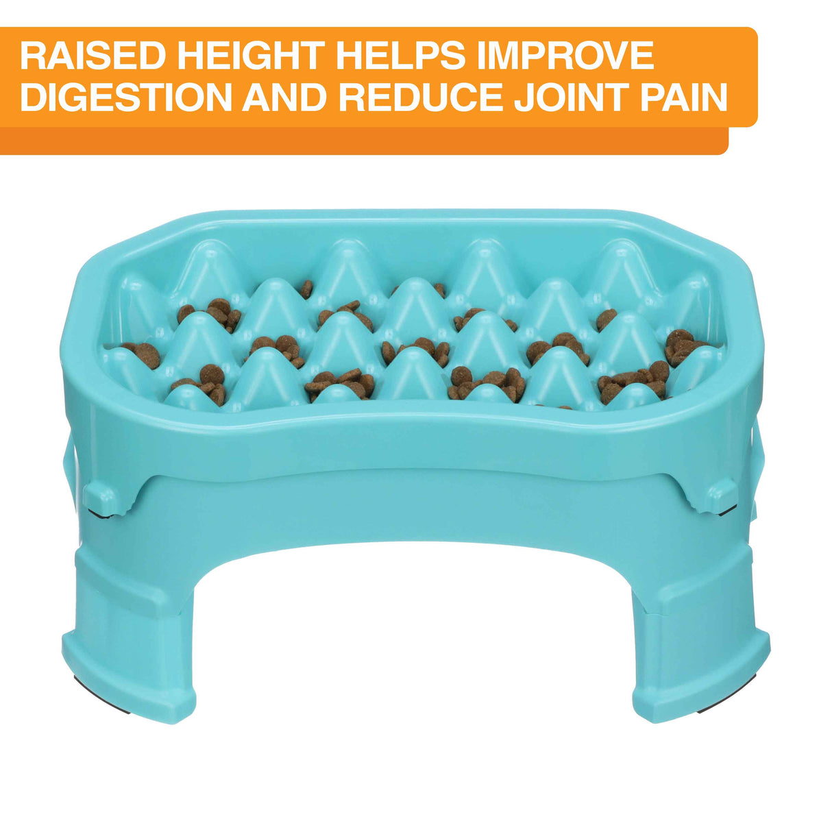 Raised Neater Slow Feeder against a white background with text explaining that the height helps improve digestion and reduce joint pain.