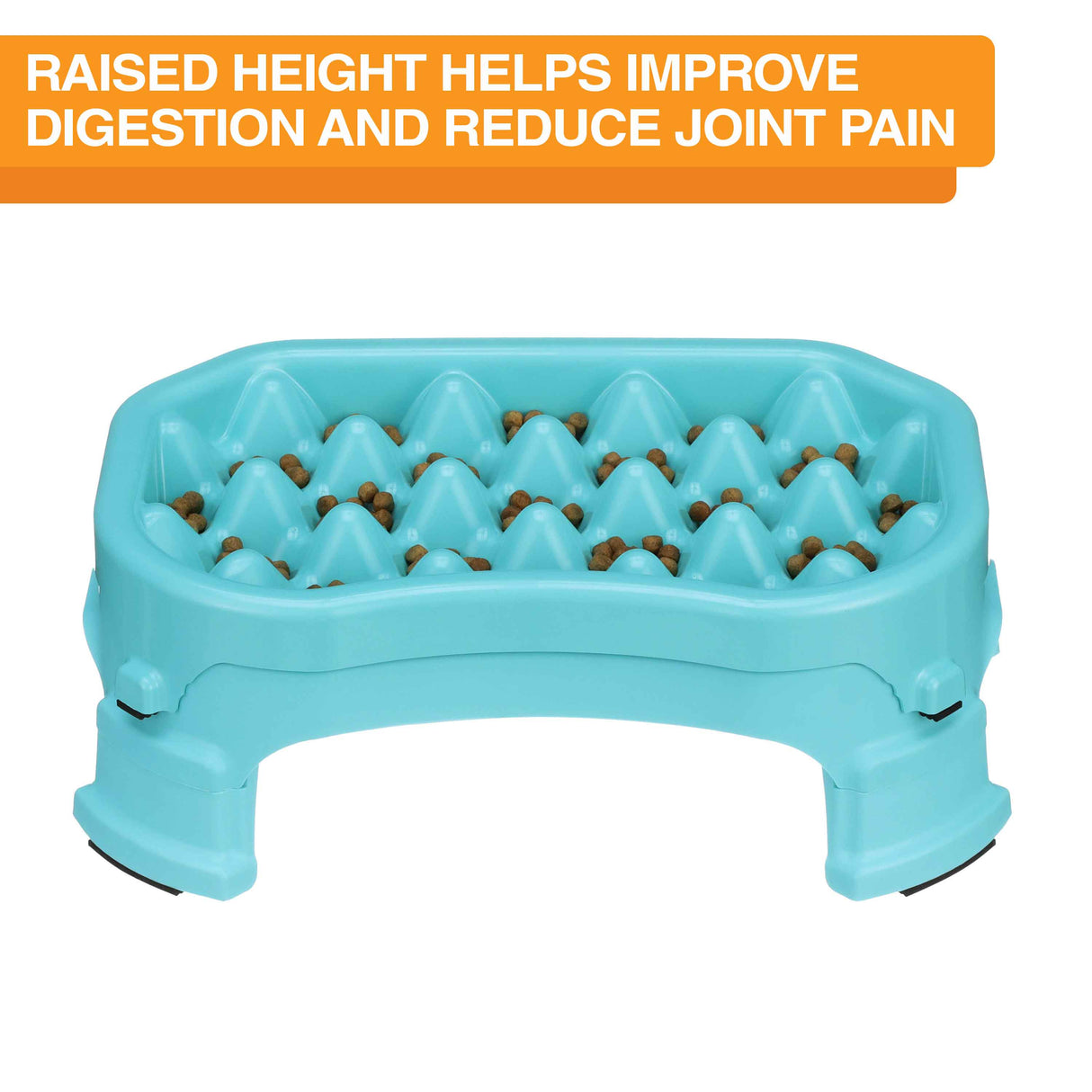 Raised Neater Slow Feeder against a white background with text explaining that the height helps improve digestion and reduce joint pain.