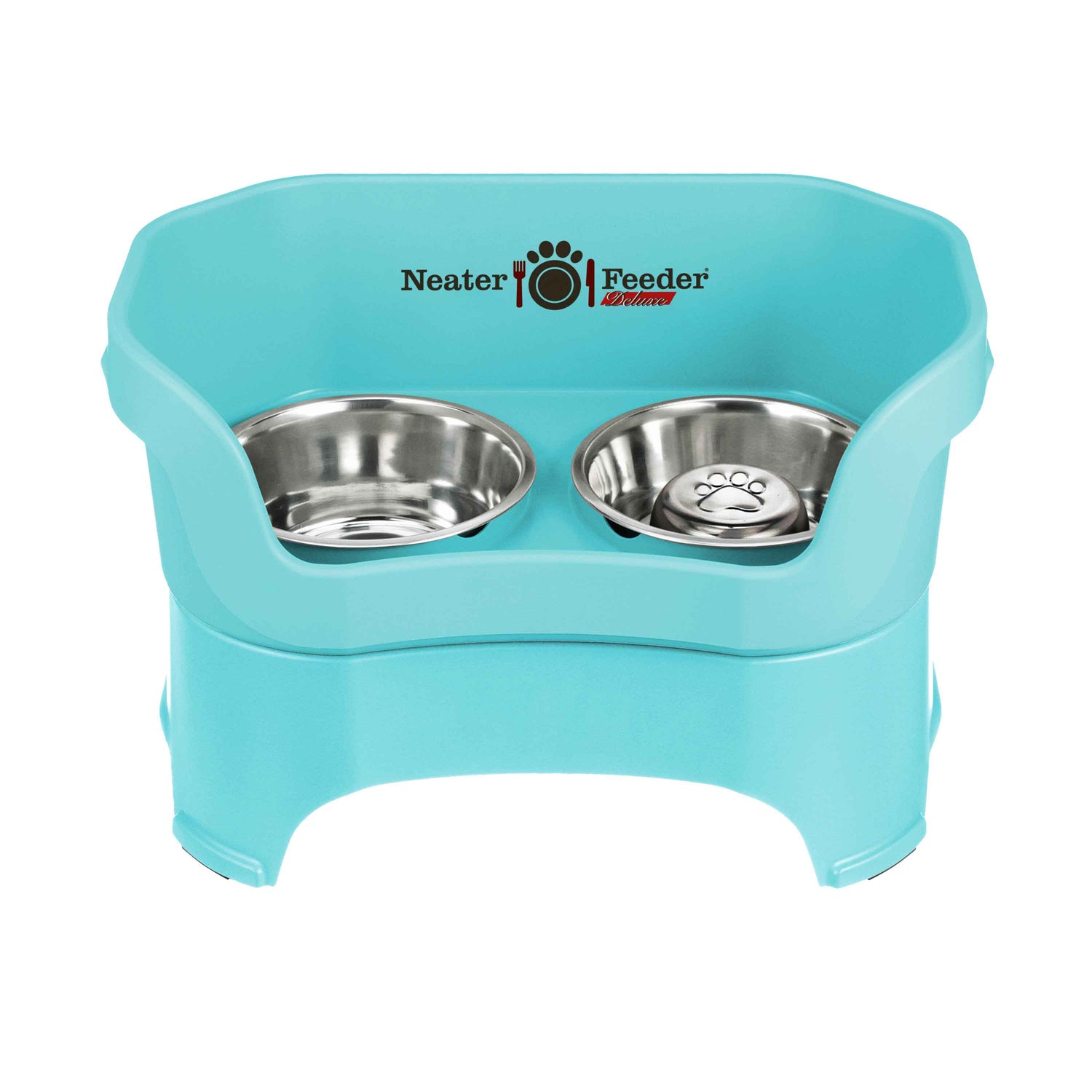 Aquamarine large DELUXE Neater Feeder with Stainless Steel Slow Feed Bowl and stainless steel water bowl against a white background.