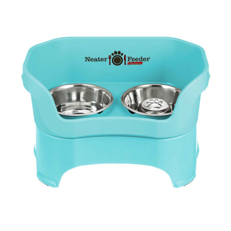 Aquamarine large DELUXE Neater Feeder with Stainless Steel Slow Feed Bowl and stainless steel water bowl against a white background.