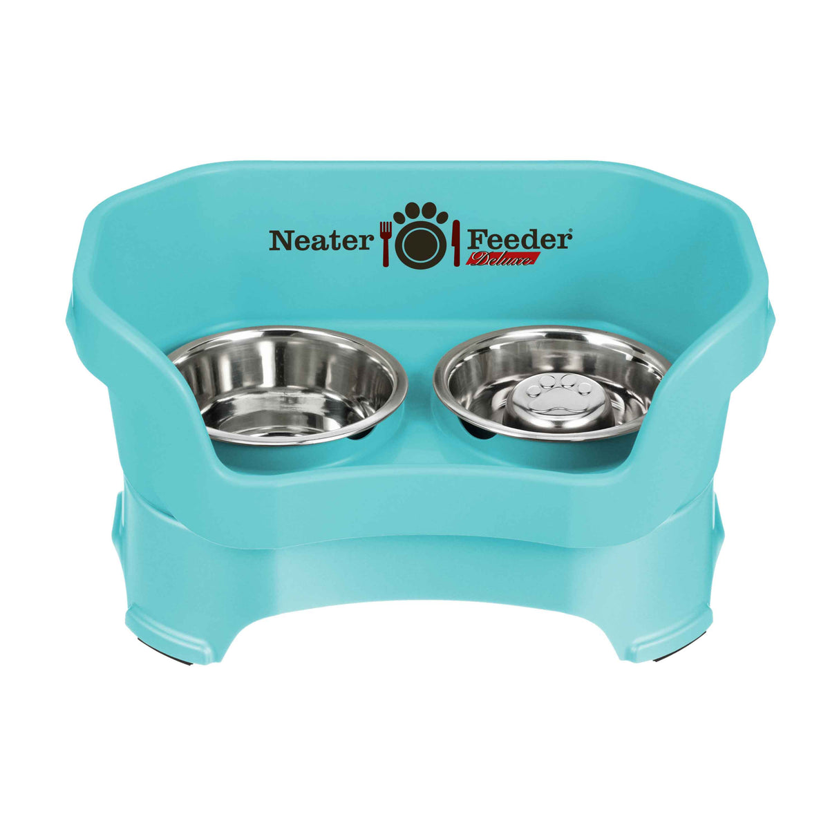 Aquamarine medium DELUXE Neater Feeder with Stainless Steel Slow Feed Bowl and stainless steel water bowl against a white background.