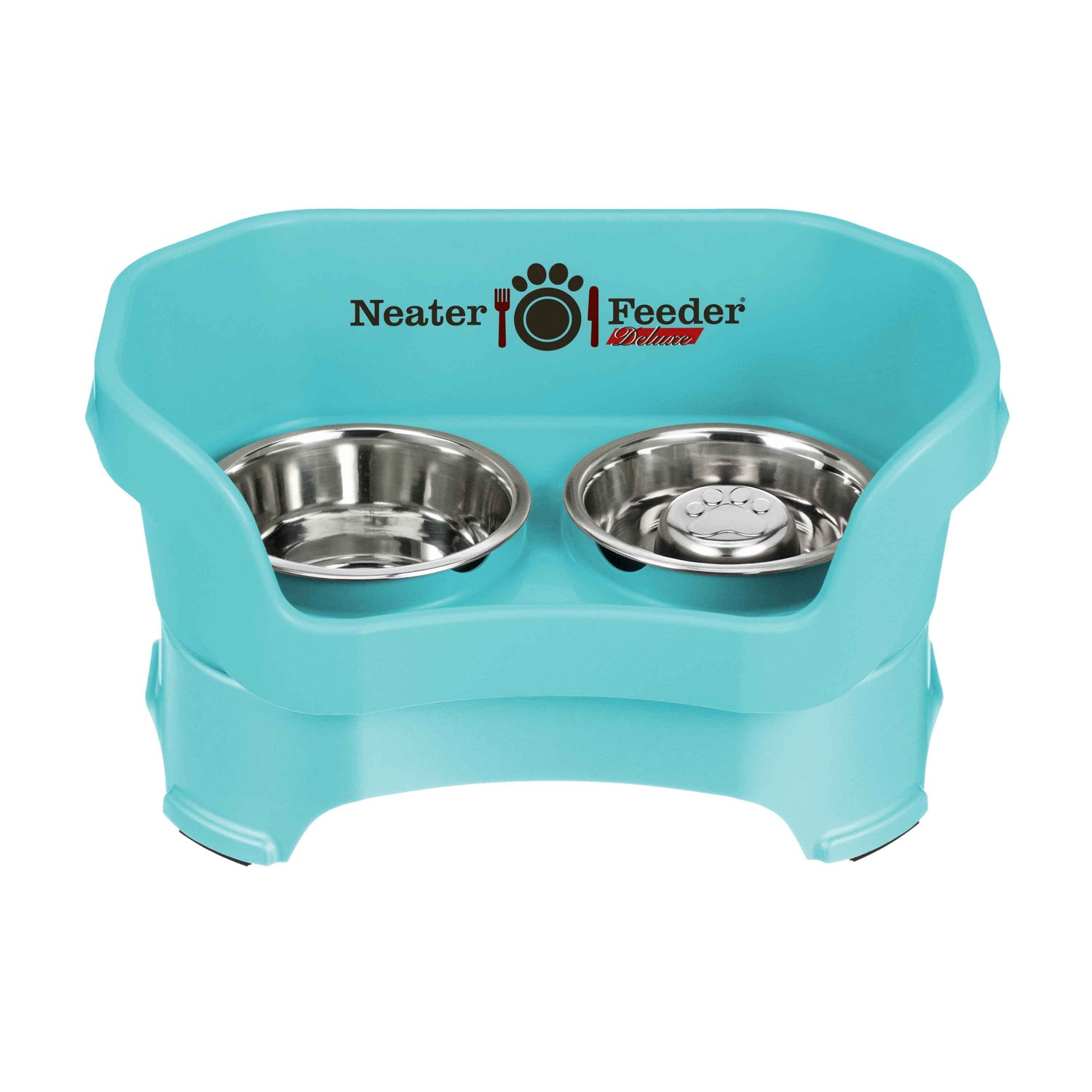 Aquamarine medium DELUXE Neater Feeder with Stainless Steel Slow Feed Bowl and stainless steel water bowl against a white background.