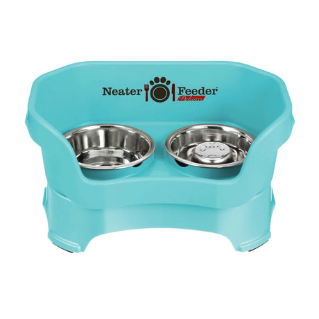 Aquamarine medium DELUXE Neater Feeder with Stainless Steel Slow Feed Bowl and stainless steel water bowl against a white background.