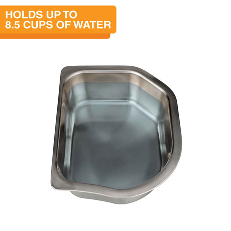 Neater Slow Feeder Double Diner Stainless Steel Insert Bowl with water. Text on the screen reads "Holds up to 8.5 cups of water."