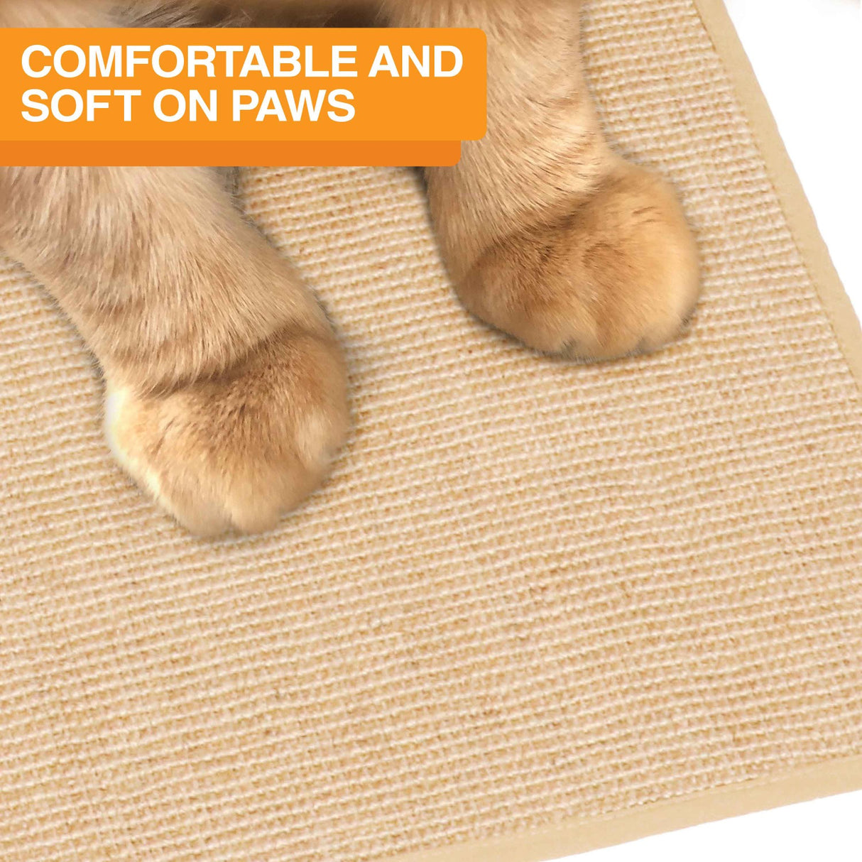 Cat paws on the Jute mat with the text: Comfortable and soft on paws.